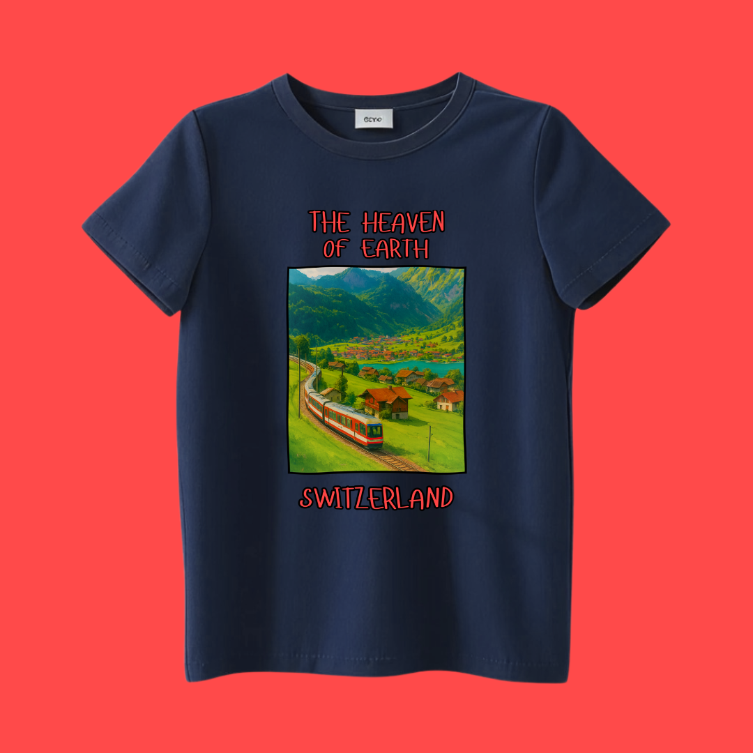 Navy Blue t-shirt with a scenic switzerland graphic and text 'The Heaven On Earth' on a red background