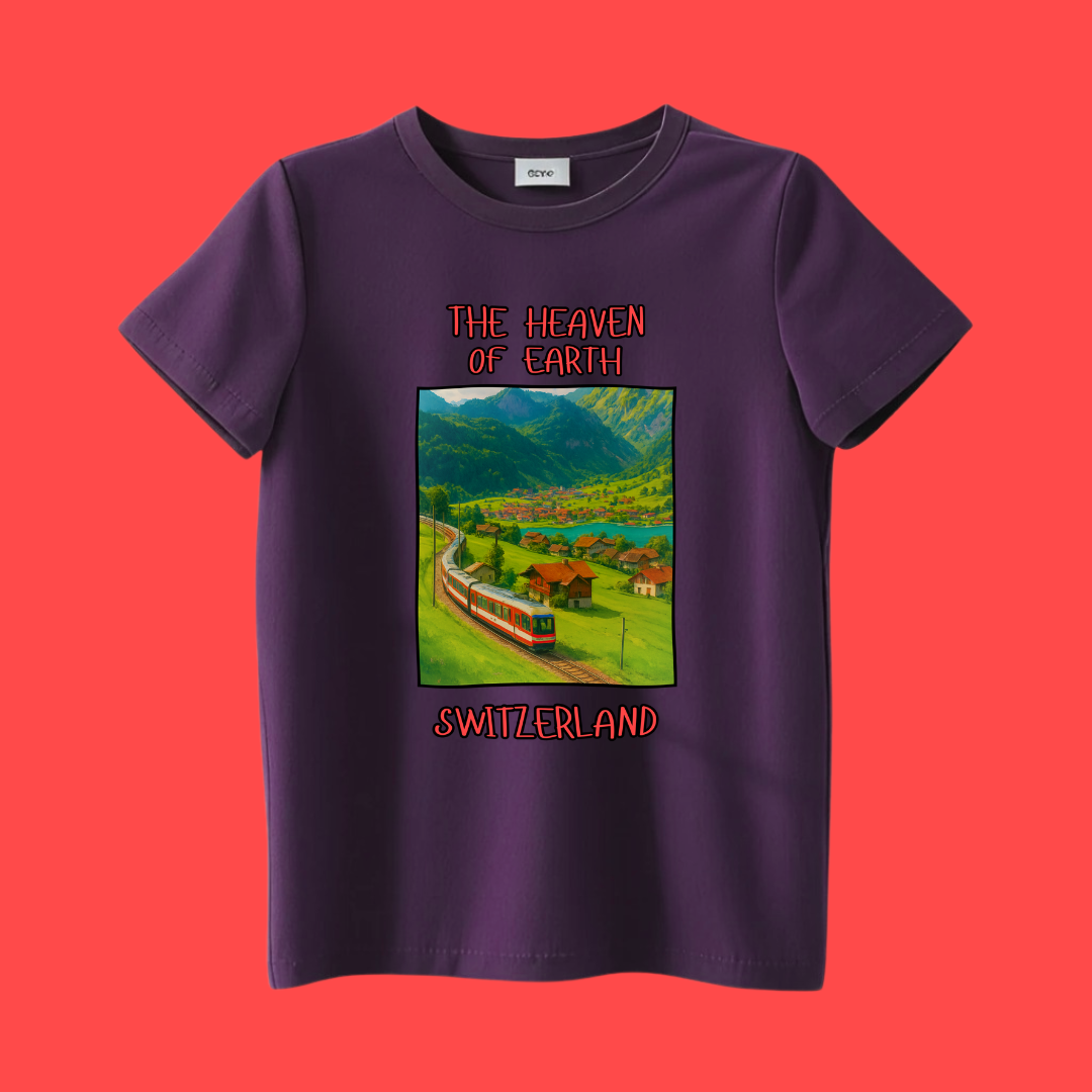 Purple t-shirt with a scenic switzerland graphic and text 'The Heaven On Earth' on a red background