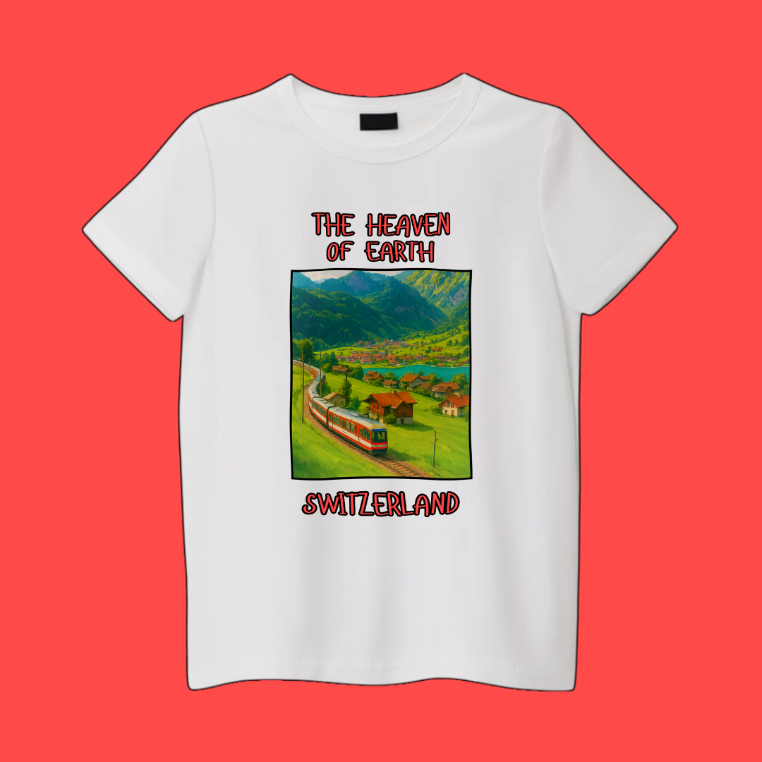 White t-shirt with a scenic switzerland graphic and text 'The Heaven On Earth' on a red background