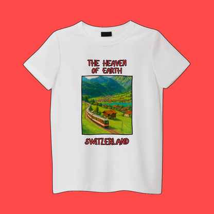 White t-shirt with a scenic switzerland graphic and text 'The Heaven On Earth' on a red background