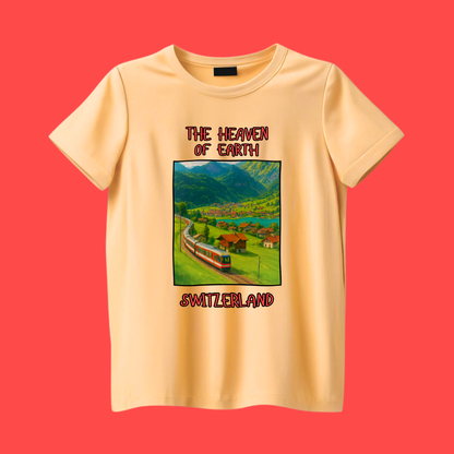 Beige t-shirt with a scenic switzerland graphic and text 'The Heaven On Earth' on a red background