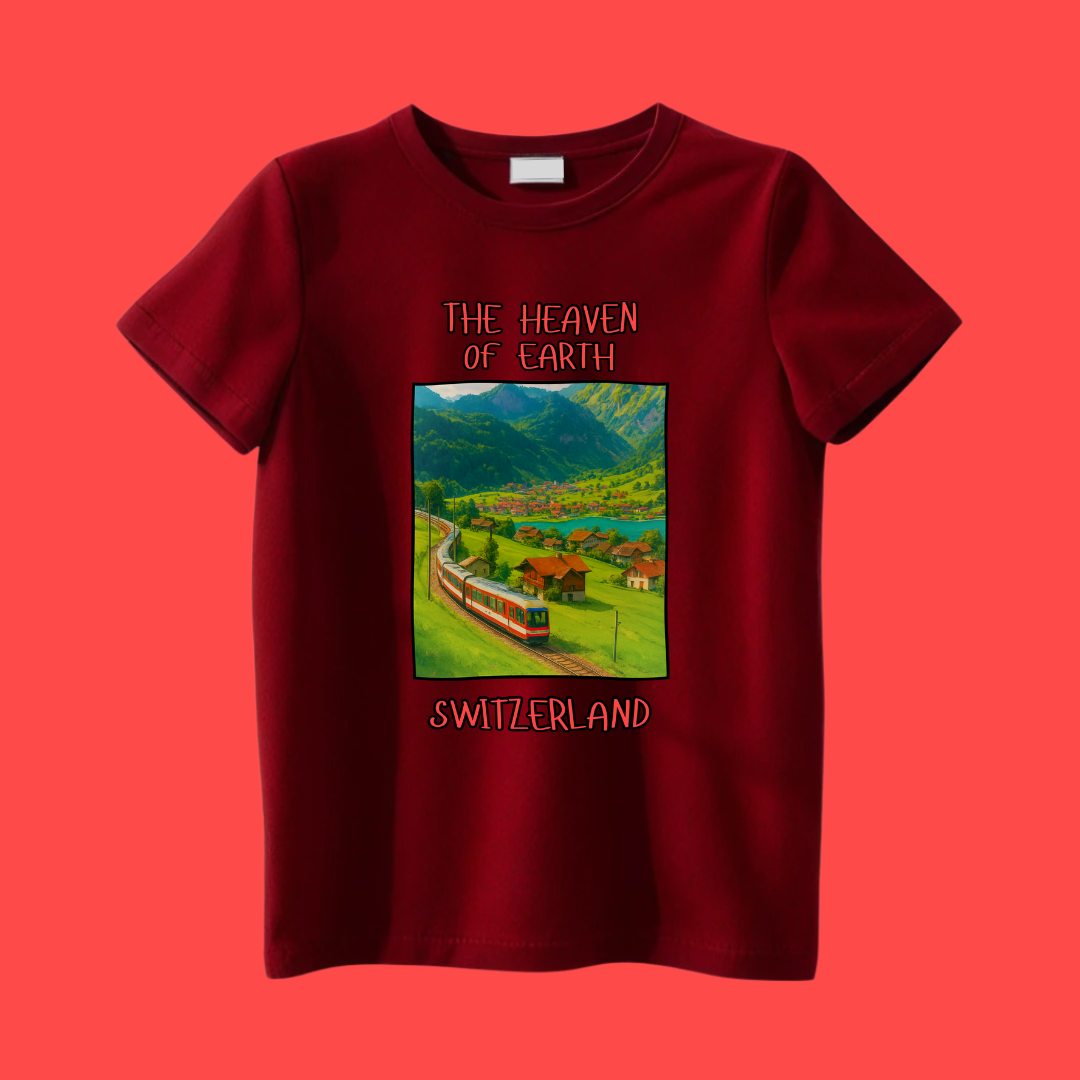Red t-shirt with a scenic switzerland graphic and text 'The Heaven On Earth' on a red background