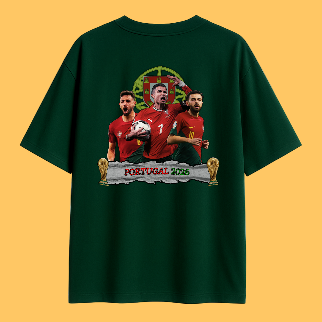 A Bottle green T-shirt featuring an illustrated design of three Portuguese football players in red jerseys, a football, two trophy icons, and the text ‘Portugal 2026’ on the back.