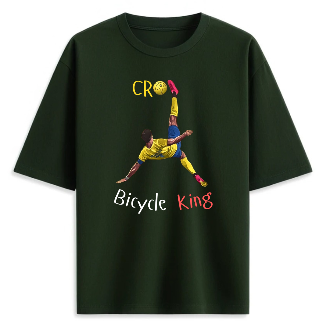 Bottle Green t-shirt with a graphic of Ronaldo doing a bicycle kick and text on a white background that says 'Bicycle King'