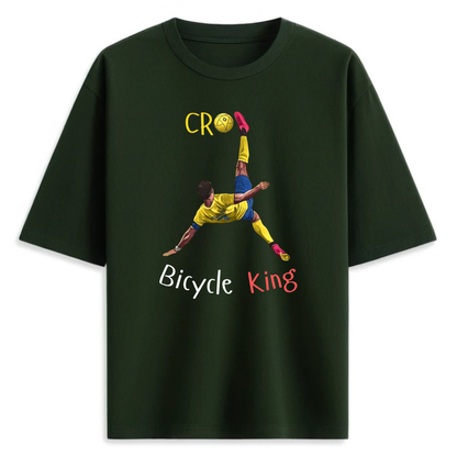 Bottle Green t-shirt with a graphic of Ronaldo doing a bicycle kick and text on a white background that says 'Bicycle King'