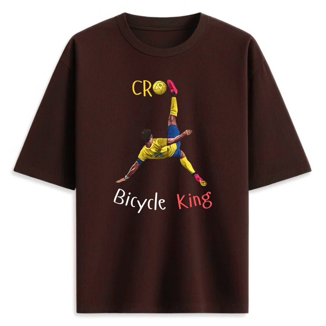 Maroon t-shirt with a graphic of Ronaldo doing a bicycle kick and text on a white background that says 'Bicycle King'
