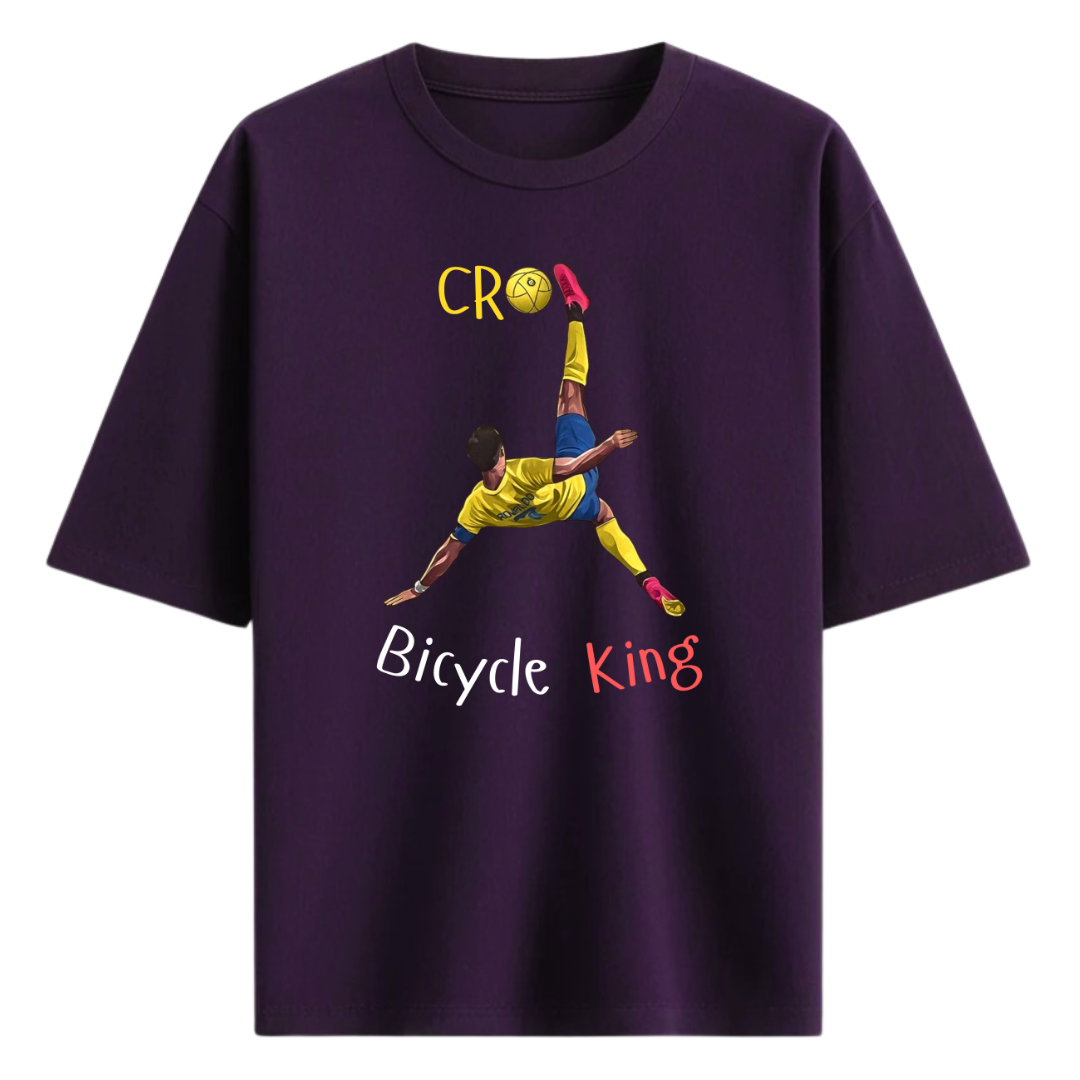 Purple t-shirt with a graphic of Ronaldo doing a bicycle kick and text on a white background that says 'Bicycle King'