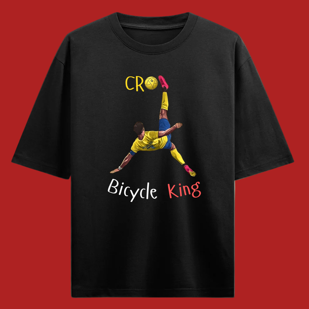 Black t-shirt with a graphic of Ronaldo doing a bicycle kick and text on a red background that says 'Bicycle King'