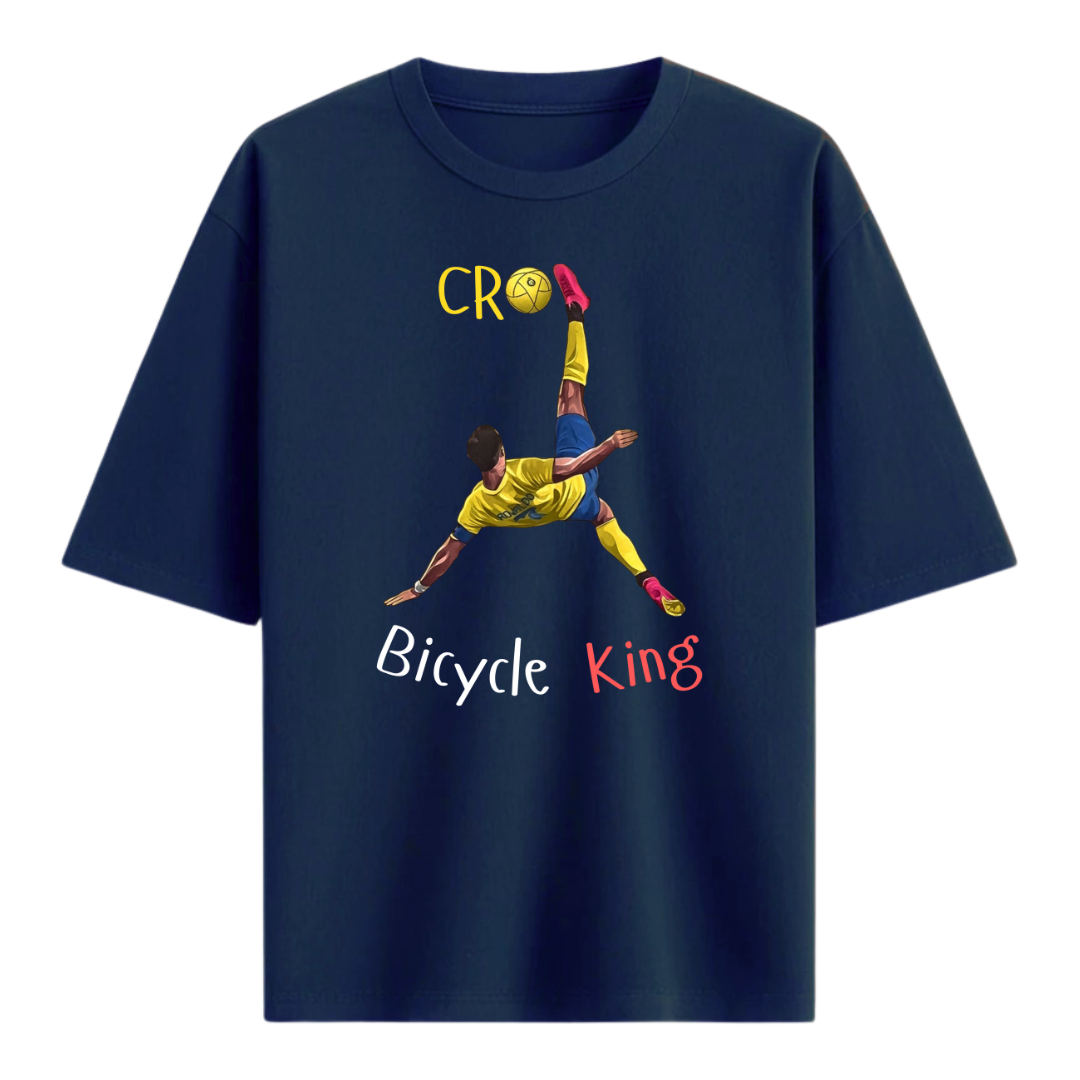 Petrol Blue t-shirt with a graphic of Ronaldo doing a bicycle kick and text on a white background that says 'Bicycle King'