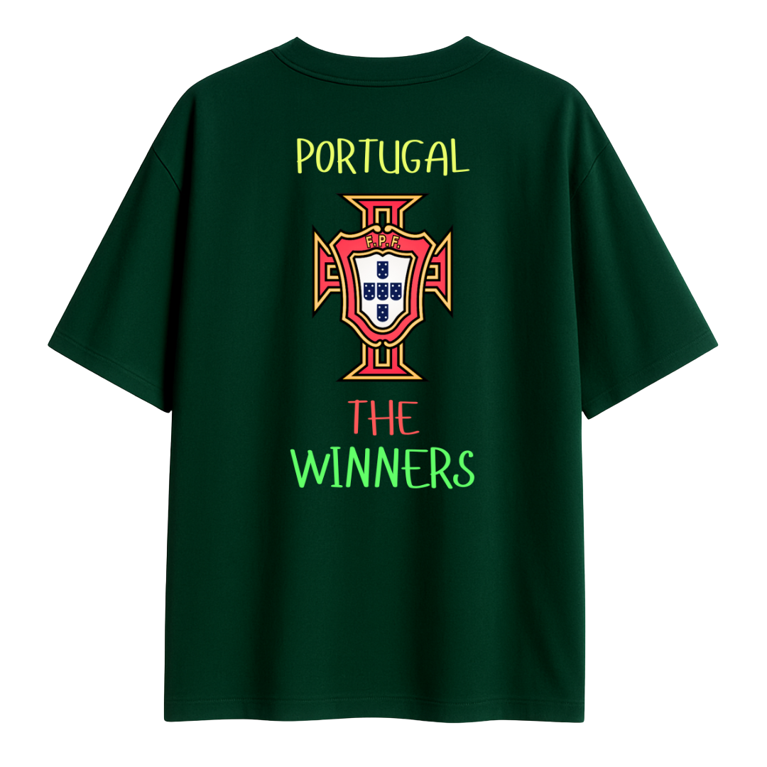 Green t-shirt with Portugal emblem and 'The Winners' text on a white background