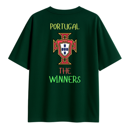 Green t-shirt with Portugal emblem and 'The Winners' text on a white background
