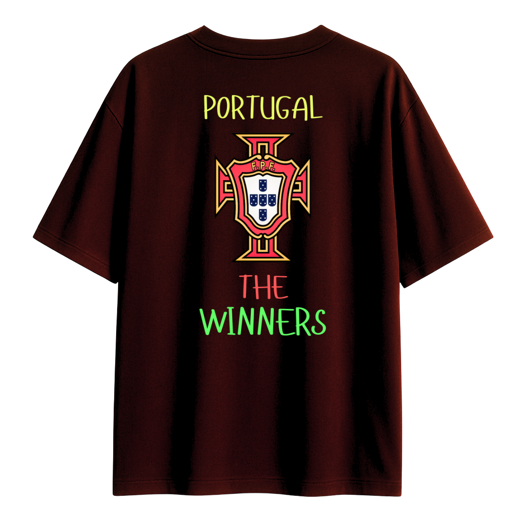 Maroon t-shirt with Portugal emblem and 'The Winners' text on a white background