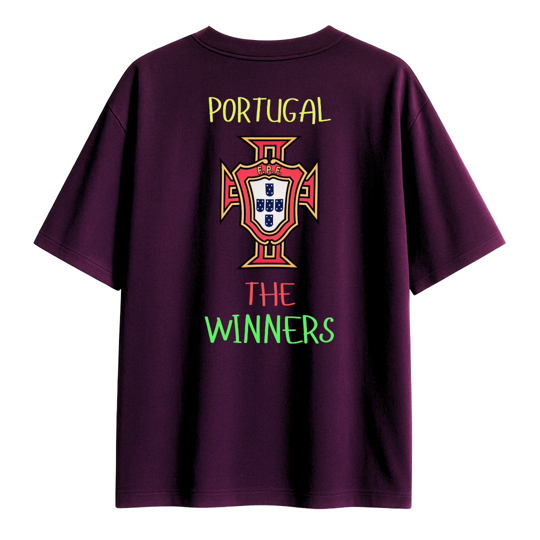Purple t-shirt with Portugal emblem and 'The Winners' text on a white background