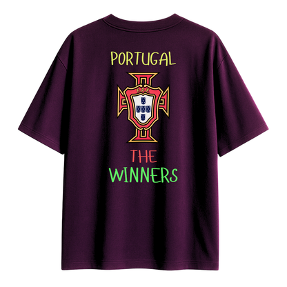 Purple t-shirt with Portugal emblem and 'The Winners' text on a white background