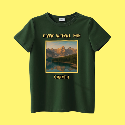 Green t-shirt with scenic picture of Banff National Park and Canada text on a yellow background