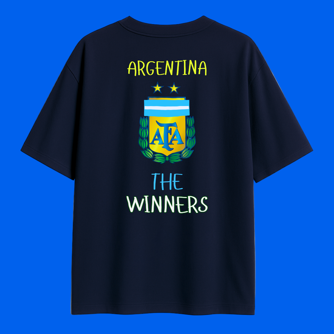Navy blue t-shirt with Argentina Football team logo and 'The Winners' text on the back on a white background