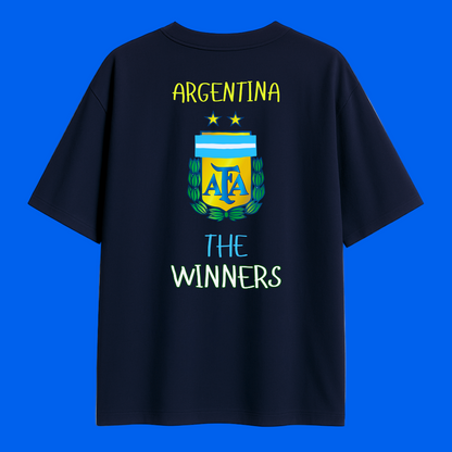 Navy blue t-shirt with Argentina Football team logo and 'The Winners' text on the back on a white background
