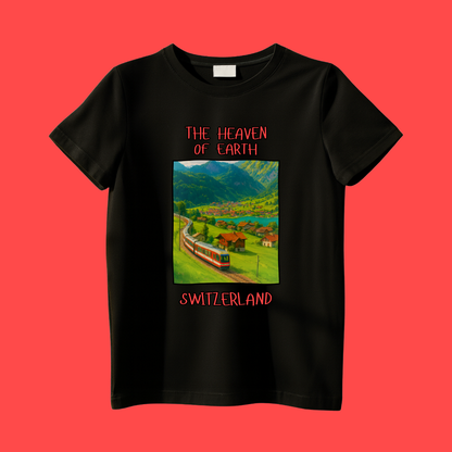 Black t-shirt with a scenic switzerland graphic and text 'The Heaven On Earth' on a red background
