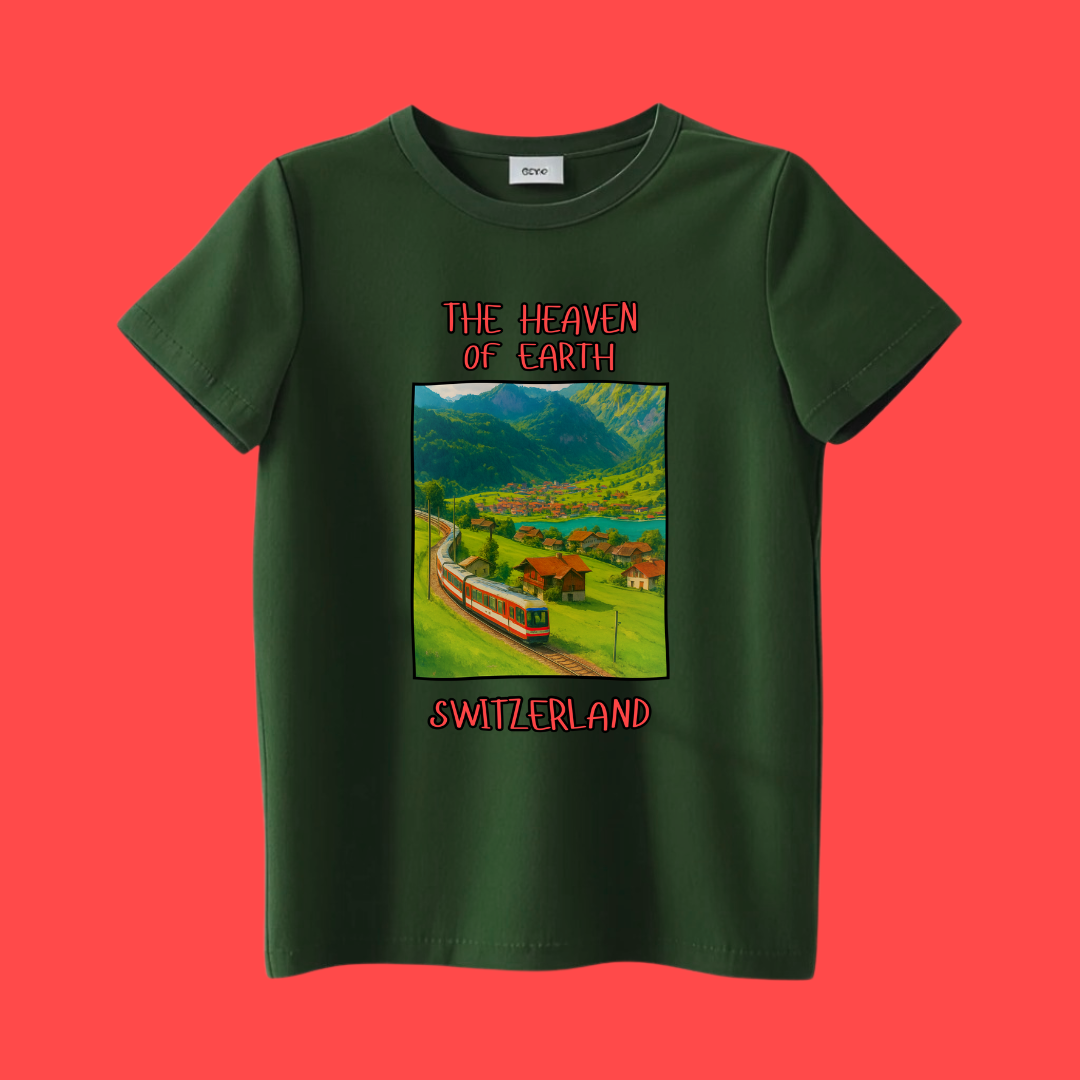 Green t-shirt with a scenic switzerland graphic and text 'The Heaven On Earth' on a red background