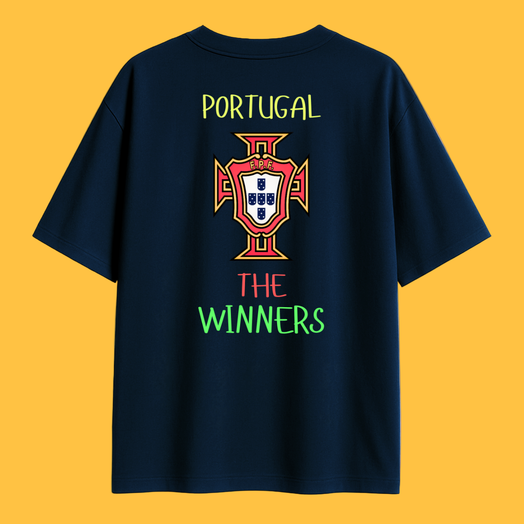 Navy blue t-shirt with Portugal emblem and 'The Winners' text on a beige background