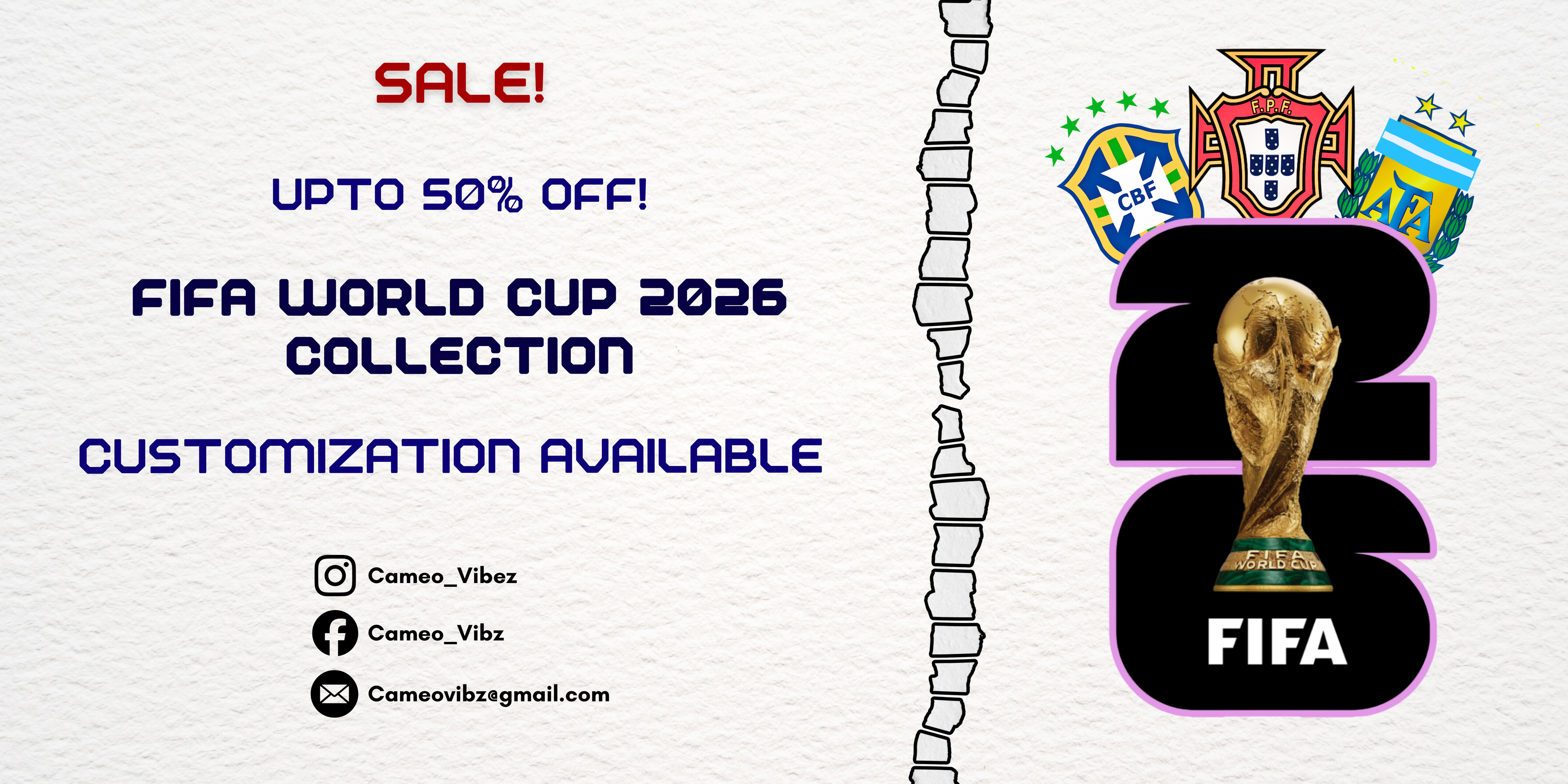 Banner for FIFA World Cup 2026 T-shirts collection with customization options and sale information.