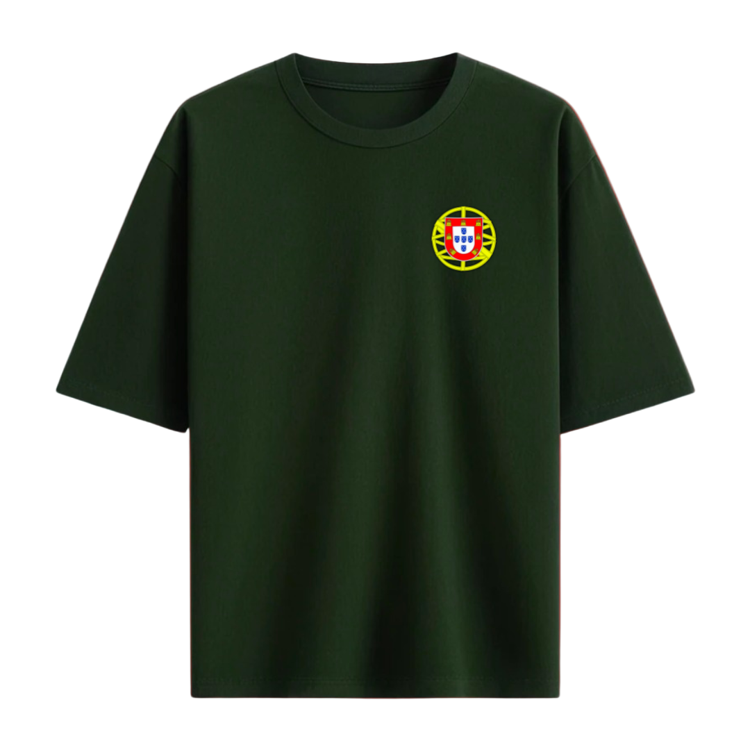Green t-shirt with a small portugal emblem on the chest on a white background
