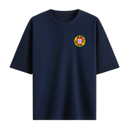 Nvay Blue t-shirt with a small portugal emblem on the chest on a white background