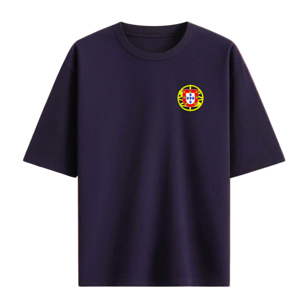 Purple t-shirt with a small portugal emblem on the chest on a white background