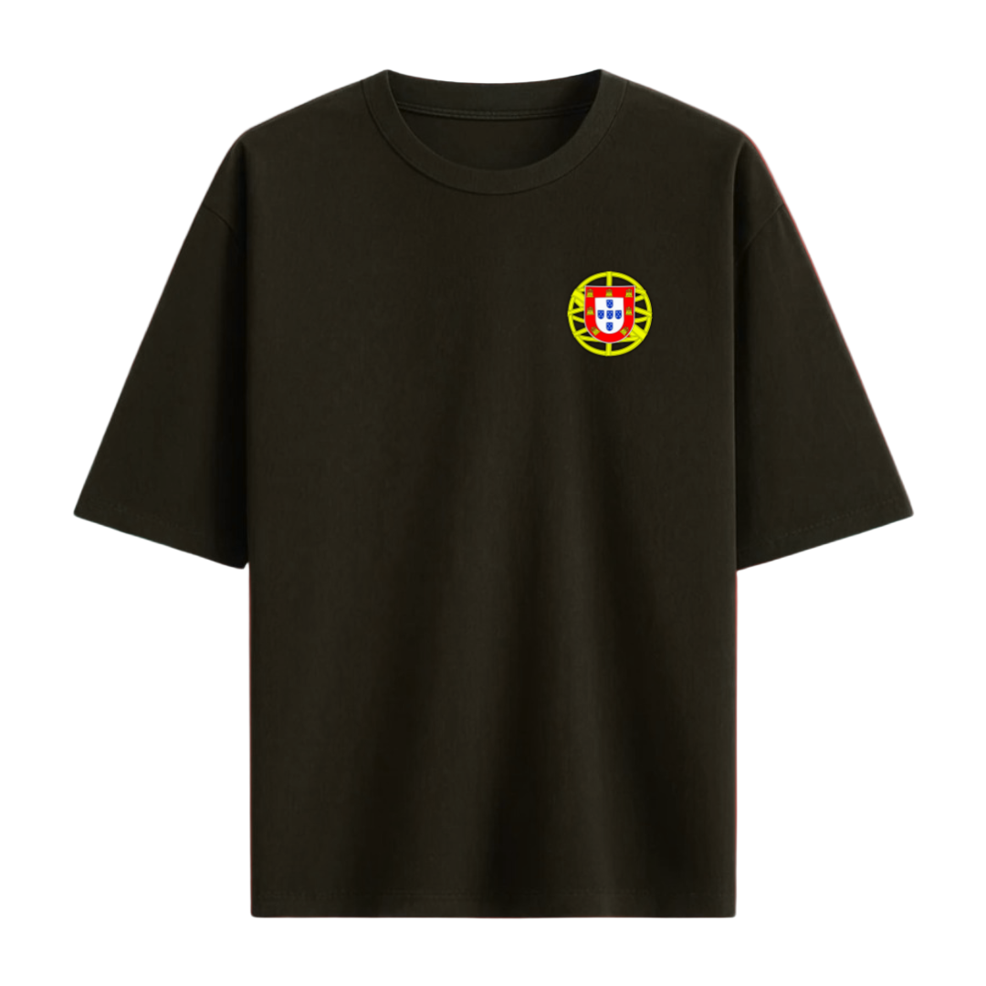 Black t-shirt with a small portugal emblem on the chest on a white background