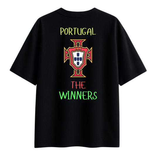 Black t-shirt with Portugal emblem and 'The Winners' text on a white background