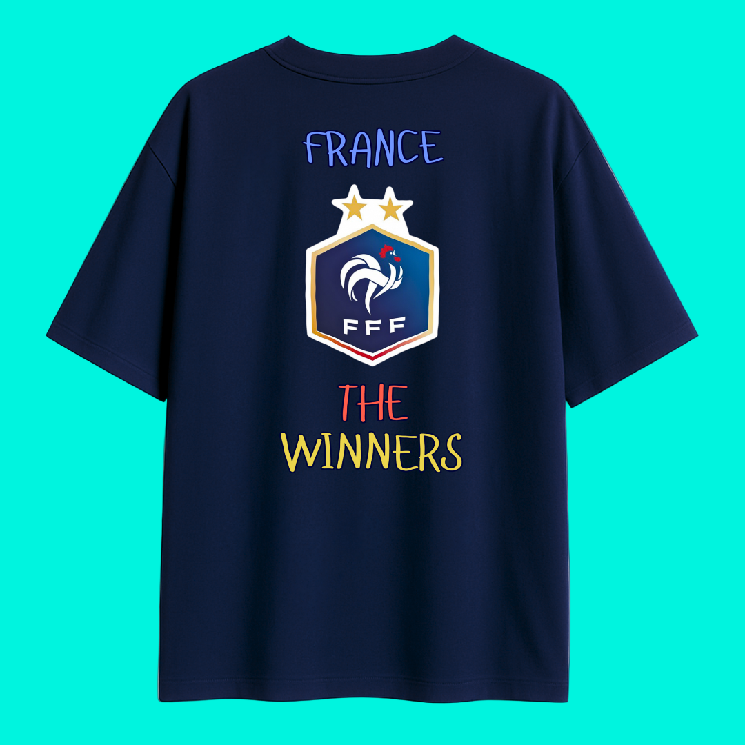 Navy blue t-shirt with France National team logo and 'The Winners' text on a Blue background
