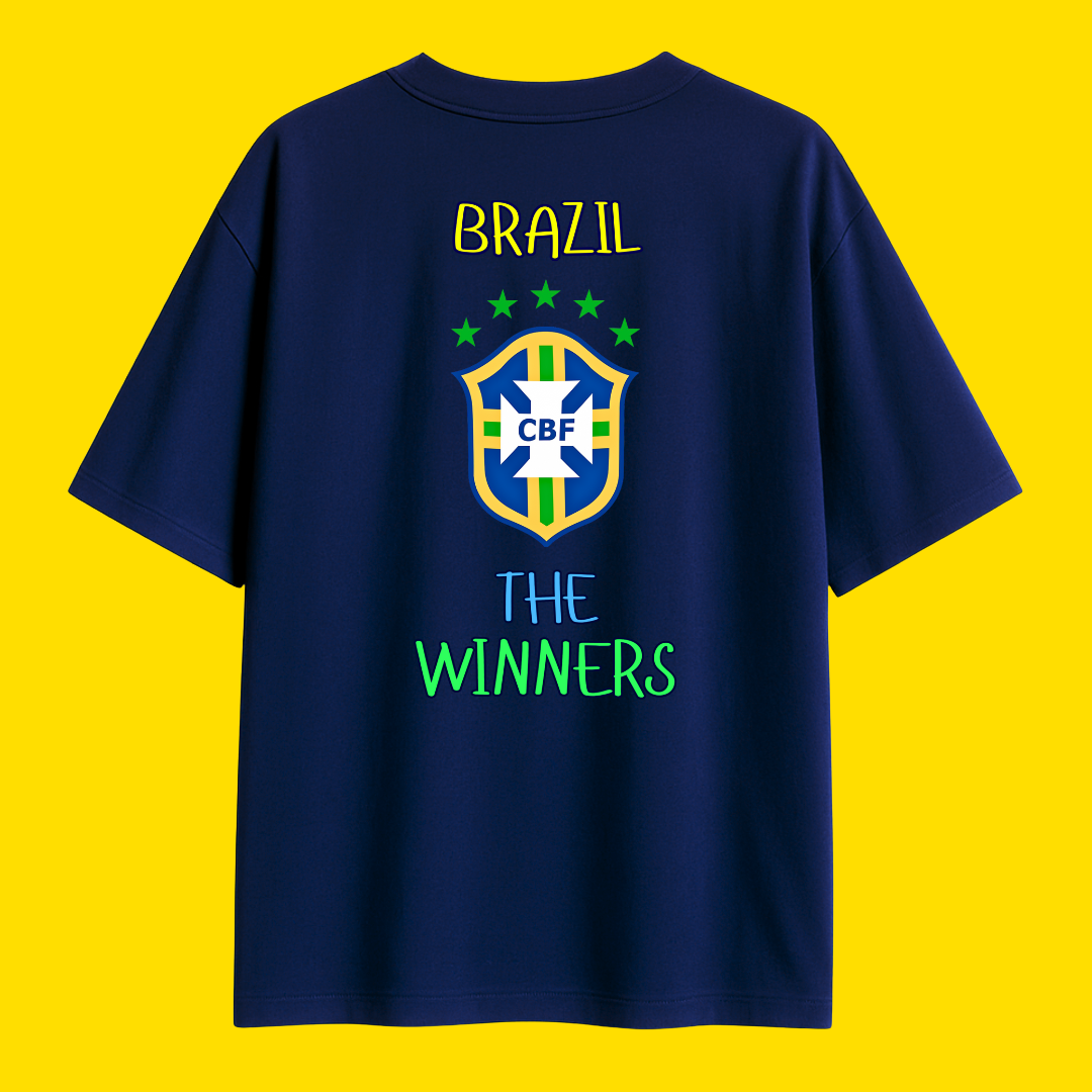 Navy blue t-shirt with Brazil National football team logo and 'The Winners' text on a yellow background