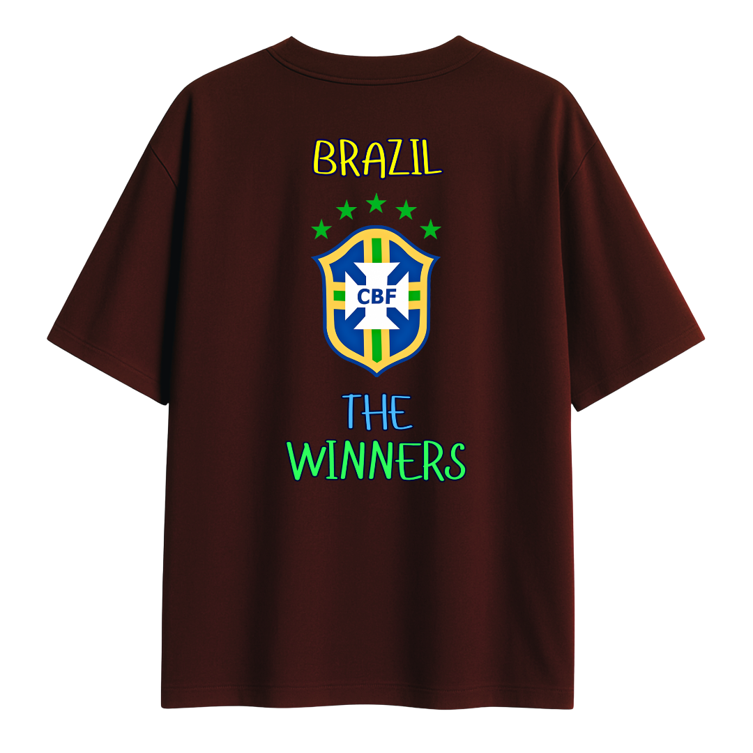 Maroon t-shirt with Brazil National football team logo and 'The Winners' text on a white background